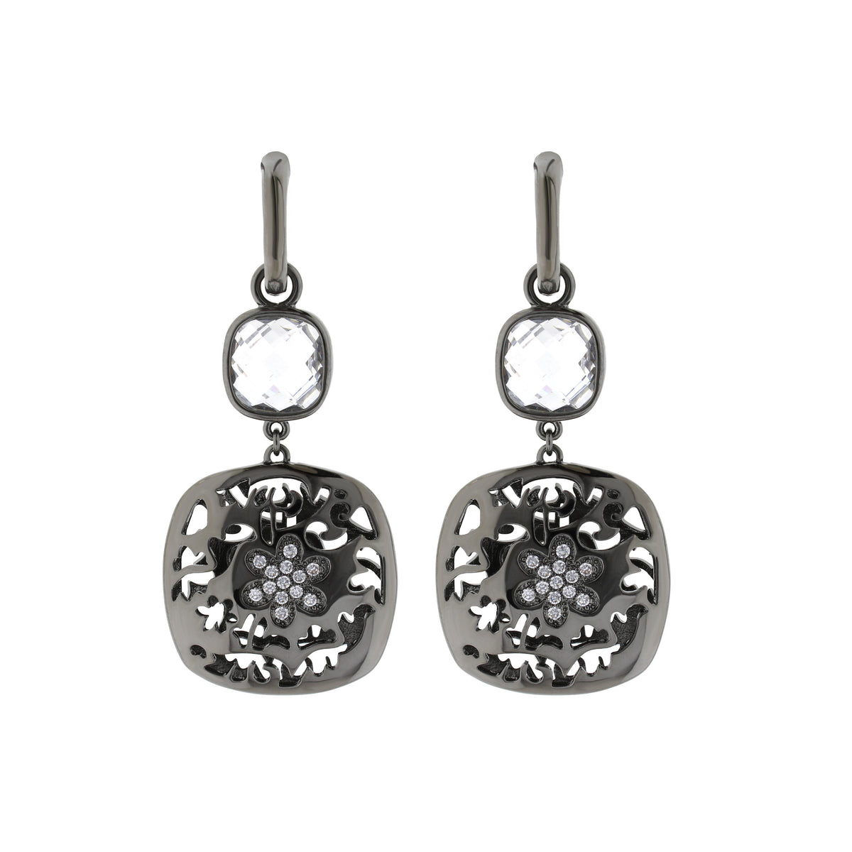 Allure Earrings by Lauren G Adams, gunmetal drop earrings with clear faceted stones and intricate openwork pendants on Tampa Home & Garden Store