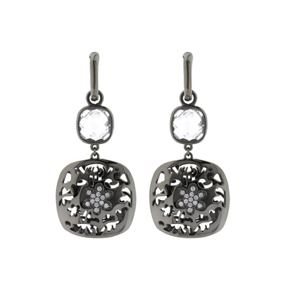 Allure Earrings by Lauren G Adams, gunmetal drop earrings with clear faceted stones and intricate openwork pendants on Tampa Home & Garden Store