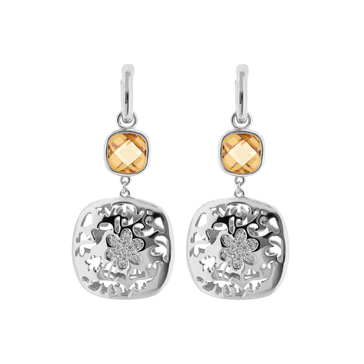 Allure Earrings by Lauren G Adams; silver drop earrings with orange stones and filigree on Tampa Home & Garden Store