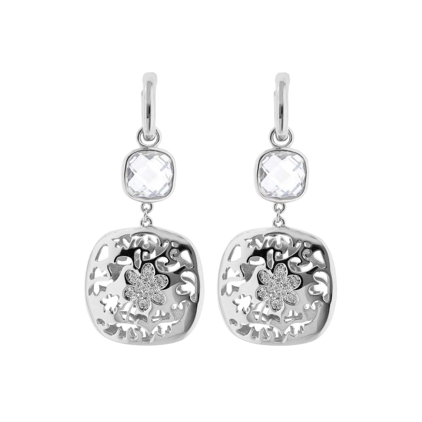 Allure Earrings by Lauren G Adams; silver-tone drop earrings with clear faceted stone and filigree pendant on Tampa Home & Garden Store