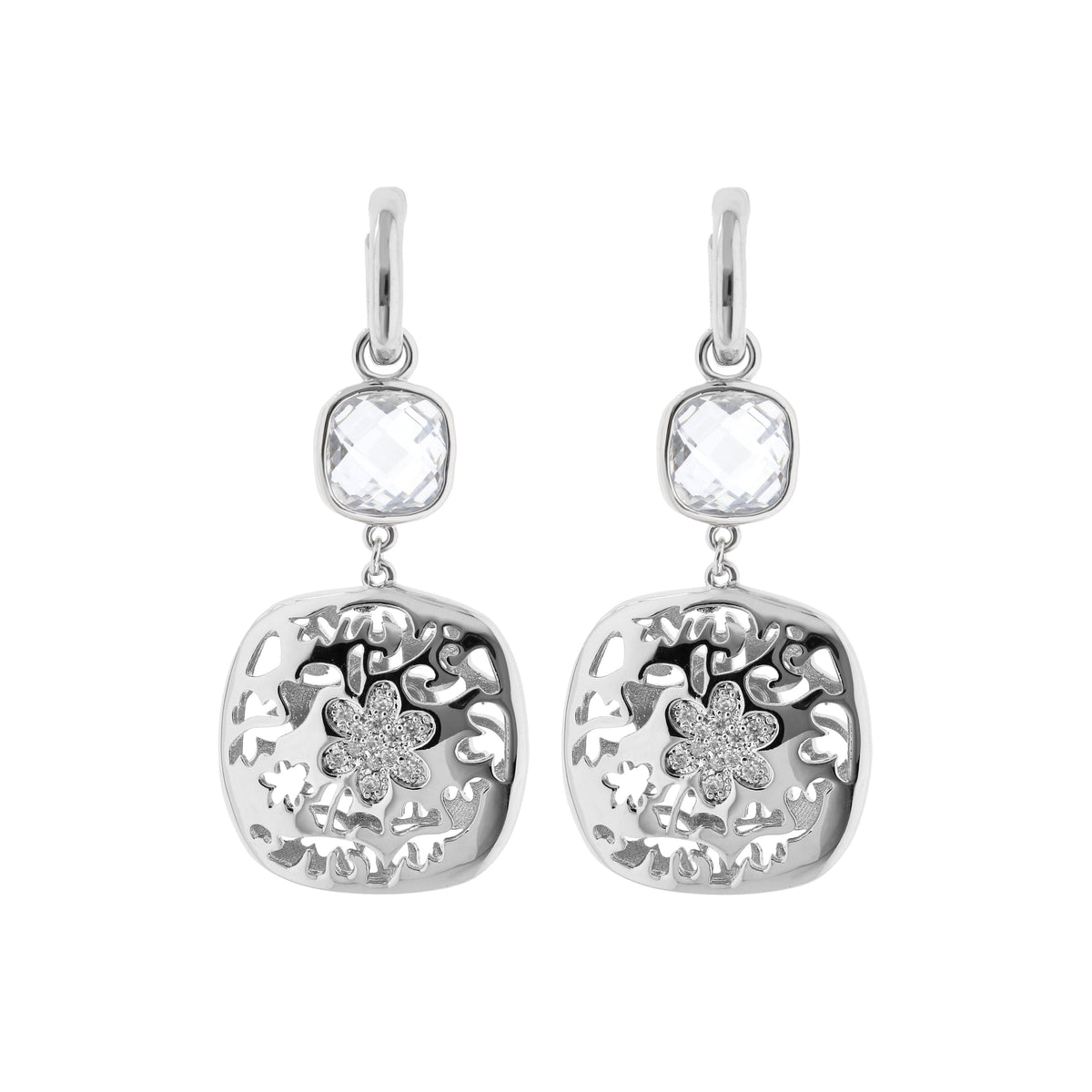 Allure Earrings by Lauren G Adams; silver-tone drop earrings with clear faceted stone and filigree pendant on Tampa Home & Garden Store
