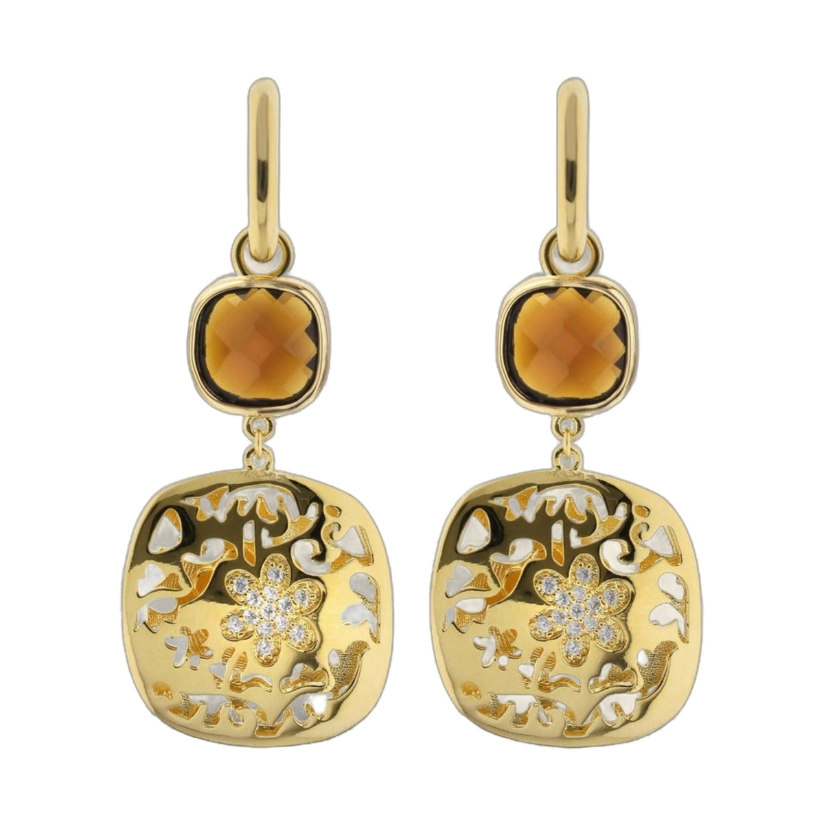 Allure Earrings pair by Lauren G Adams, gold-tone drops with orange stones and enamel on Tampa Home & Garden Store