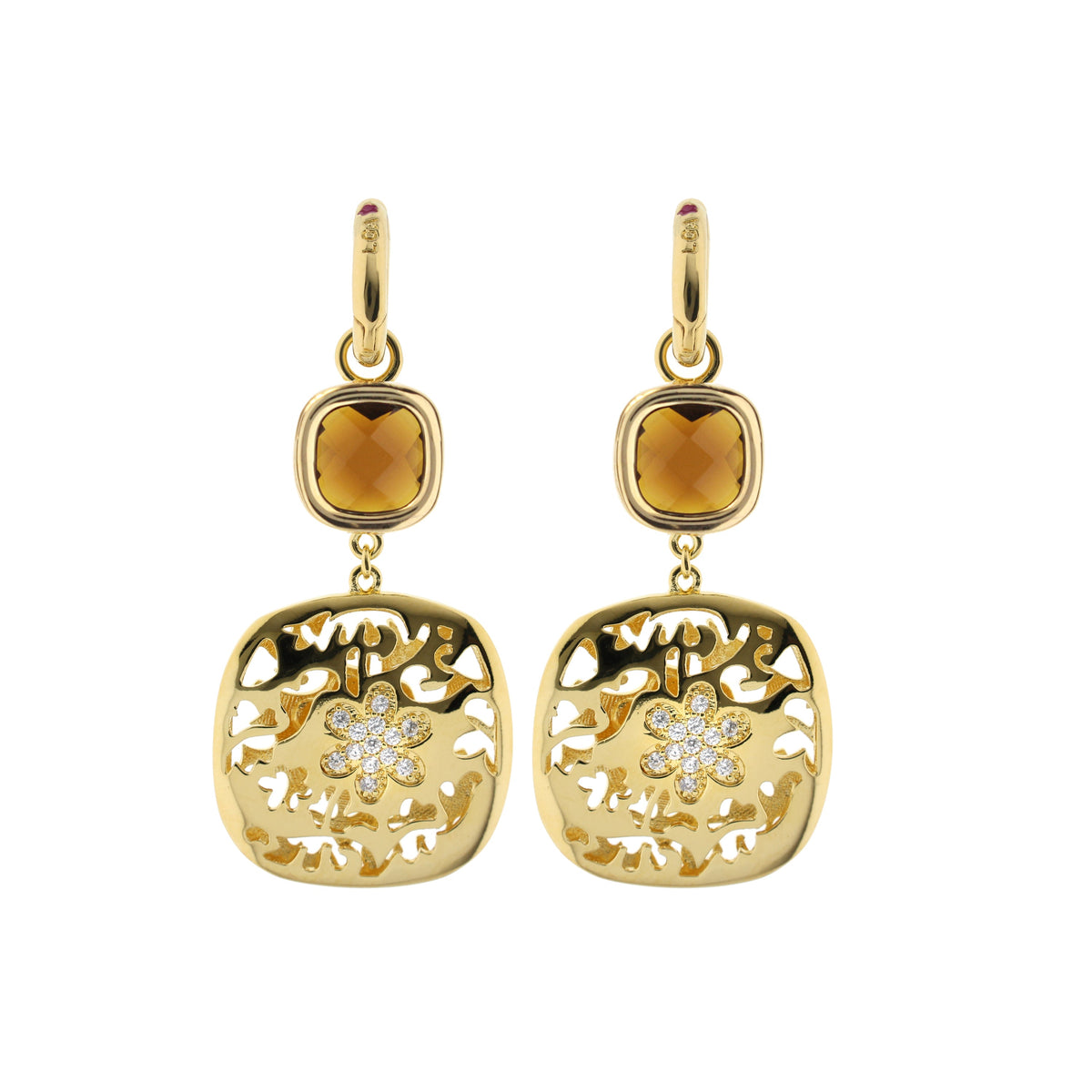 Allure earrings by Lauren G Adams, gold drop with orange stones and filigree pendants pair on Tampa Home & Garden Store