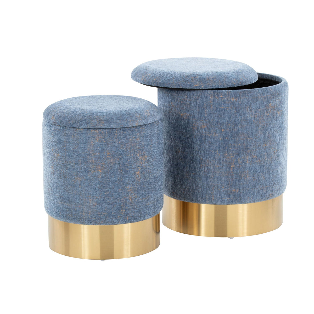 2-piece nesting ottomans with blue fabric tops and gold metal bases by HouseOfZazla on Tampa Home & Garden Store