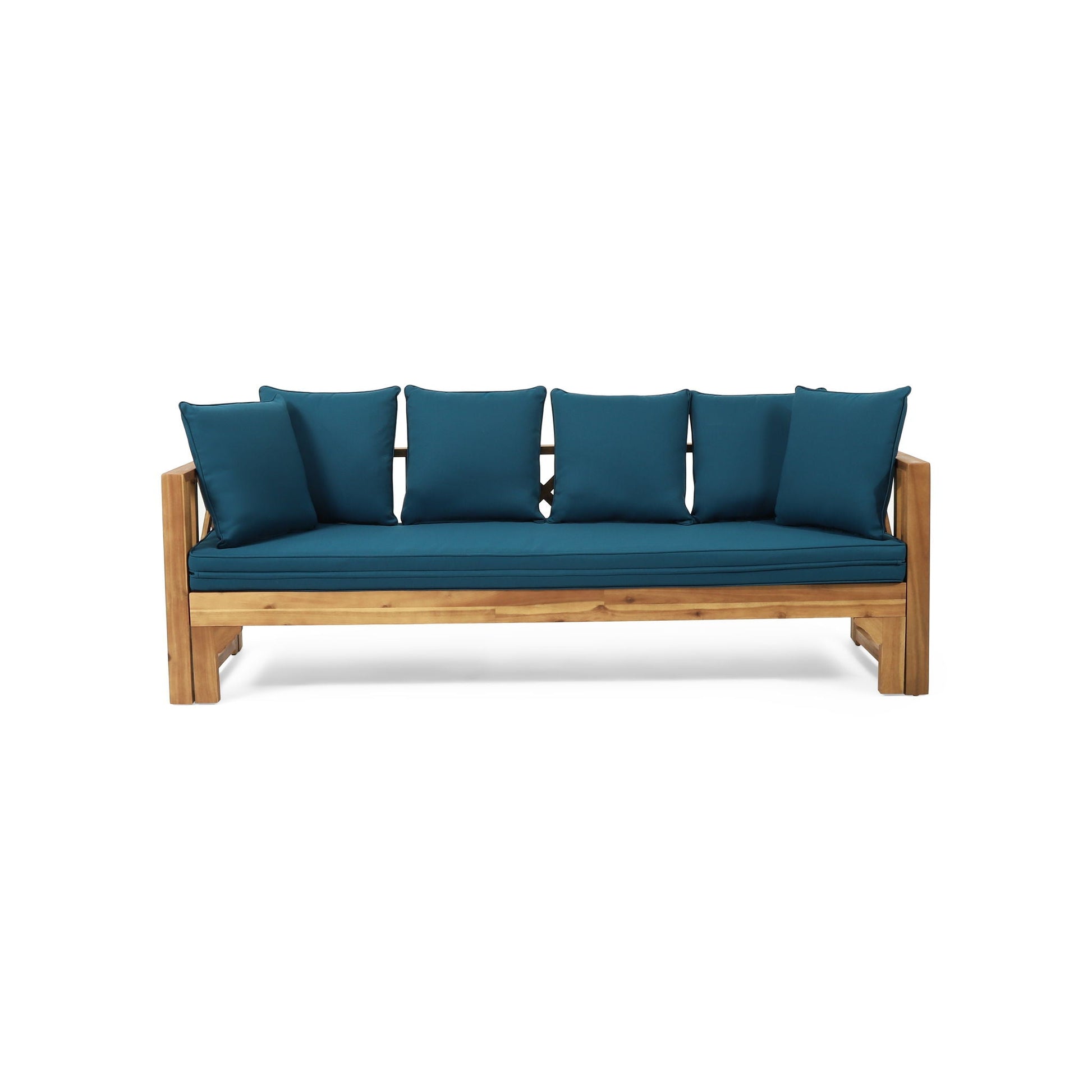 Outdoor teak daybed with teal cushions, X-shaped backrest and armrests, HouseOfZazla on Tampa Home & Garden Store