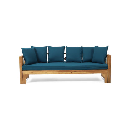 Outdoor teak daybed with teal cushions, X-shaped backrest and armrests, HouseOfZazla on Tampa Home & Garden Store