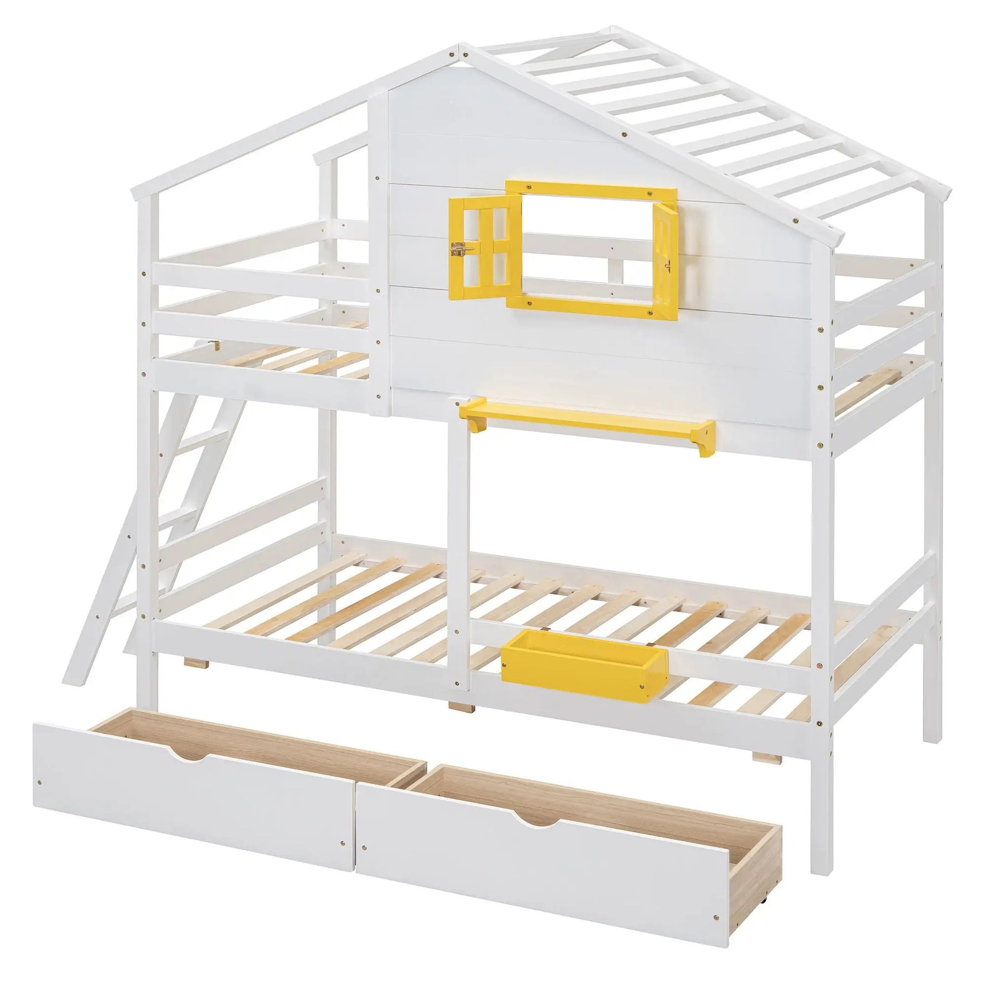 Bunk bed with playhouse roof and yellow window frame, white wood construction with storage on Tampa Home & Garden Store