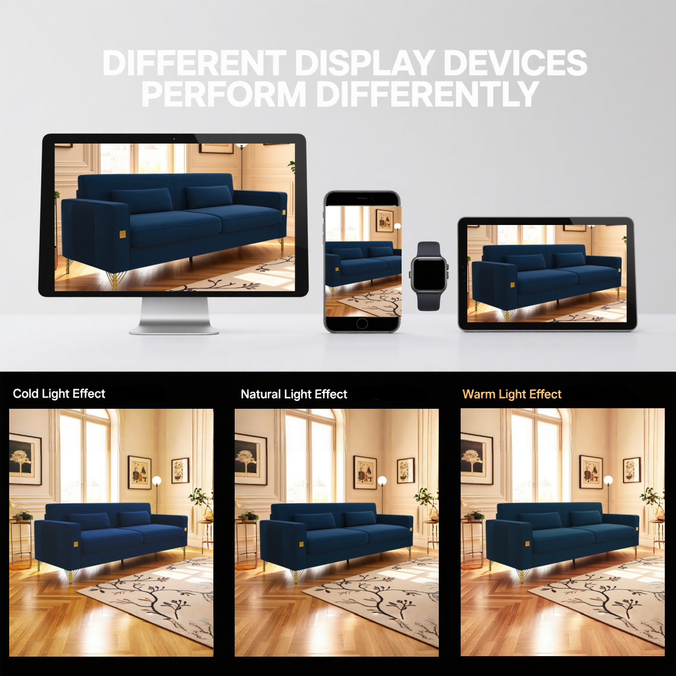 Luxury Velvet Sofa with Gold Accents in navy blue by HouseOfZazla, shown on devices on Tampa Home & Garden Store