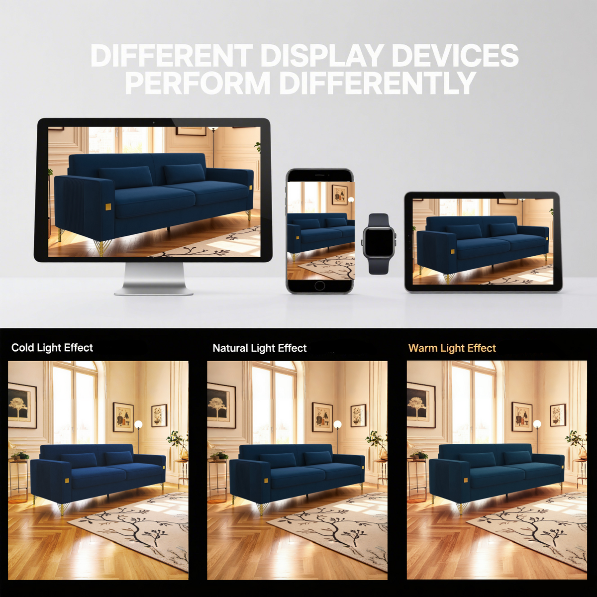 Luxury Velvet Sofa with Gold Accents in navy blue by HouseOfZazla, shown on devices on Tampa Home & Garden Store