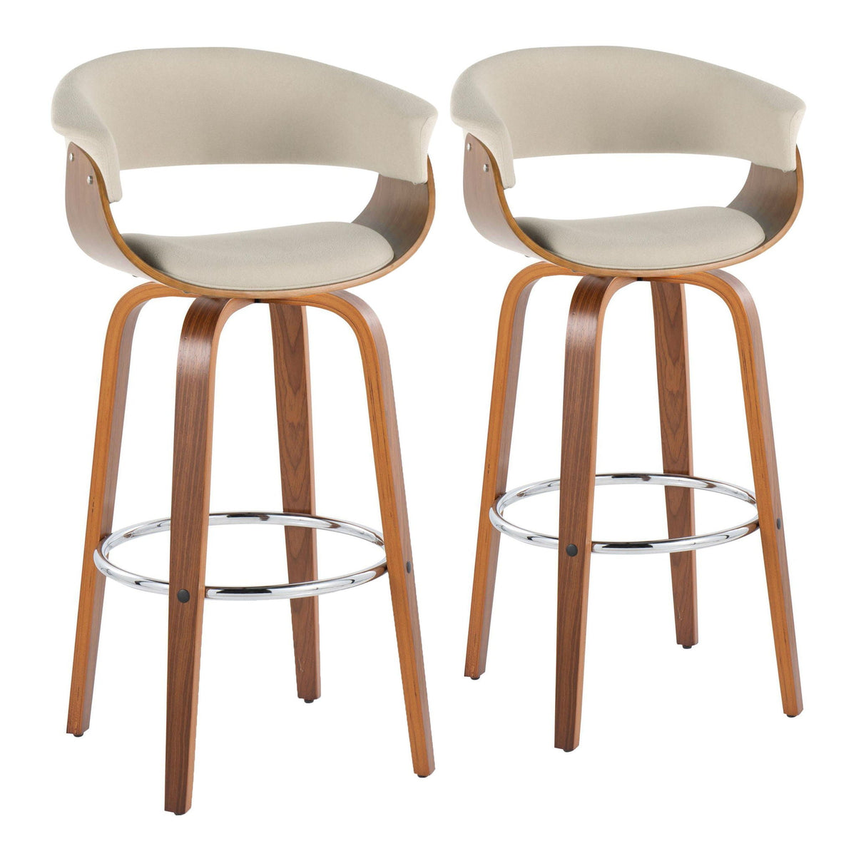 Vintage Mod mid-century bar stools set of 2 with beige fabric seats and curved wood frames on Tampa Home & Garden Store