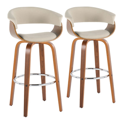 Vintage Mod mid-century bar stools set of 2 with beige fabric seats and curved wood frames on Tampa Home & Garden Store