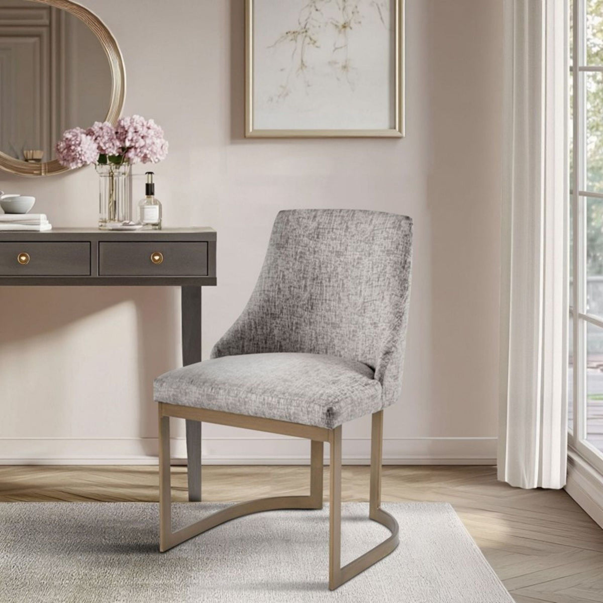 Modern accent dining chair with gray upholstered cushion and light wood legs on Tampa Home & Garden Store