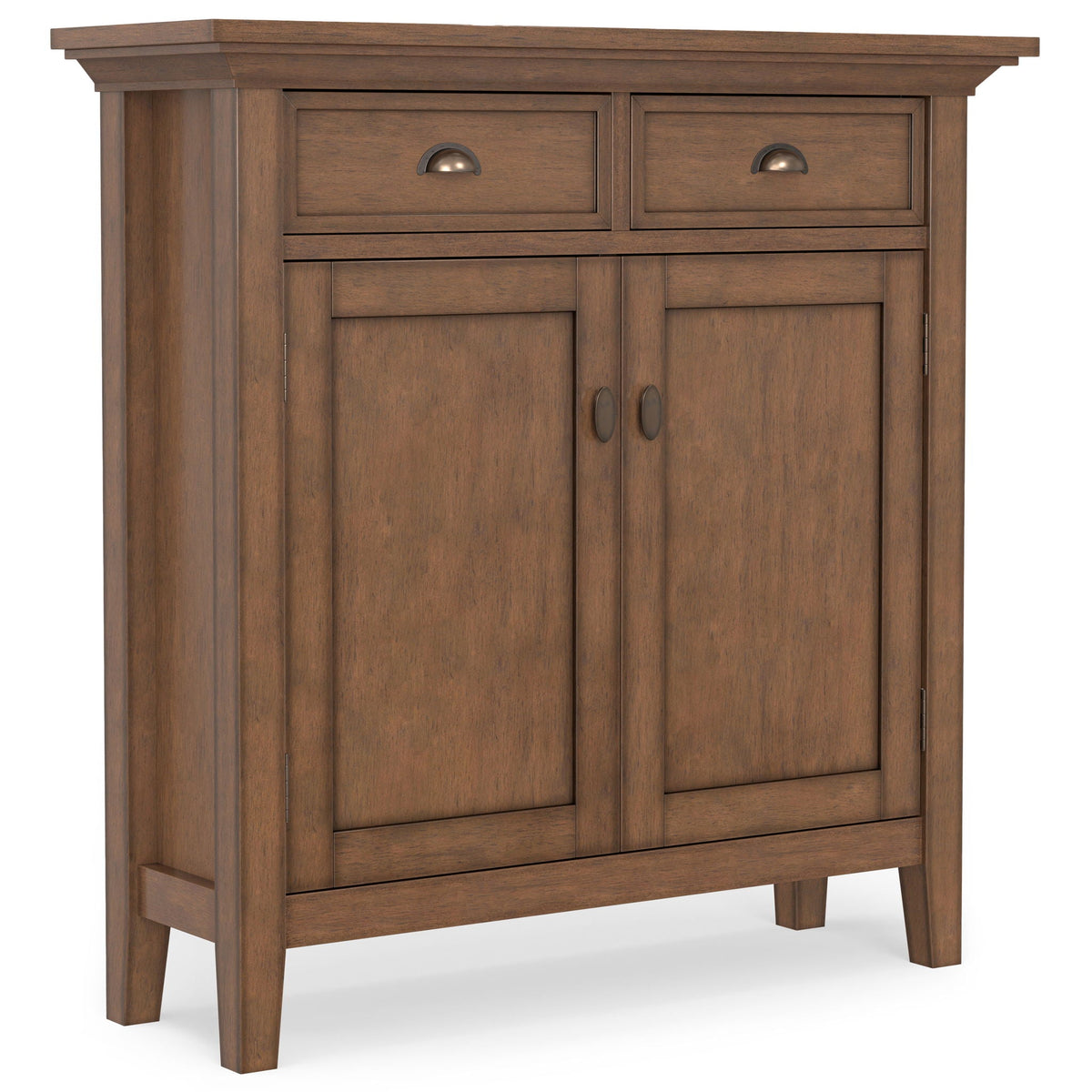 Entryway cabinet with two drawers and double doors in warm brown wood finish, metal cup pulls on Tampa Home & Garden Store