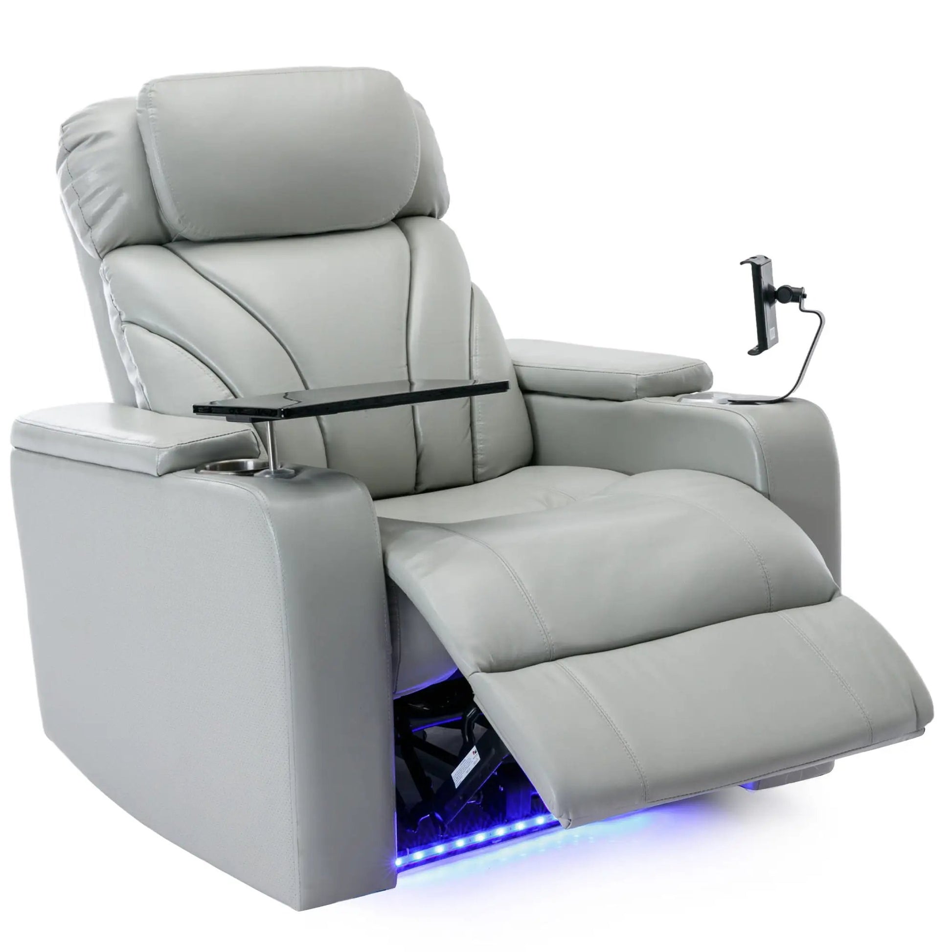Power motion recliner in gray leather with USB charging, hidden arm storage and cup holder on Tampa Home & Garden Store