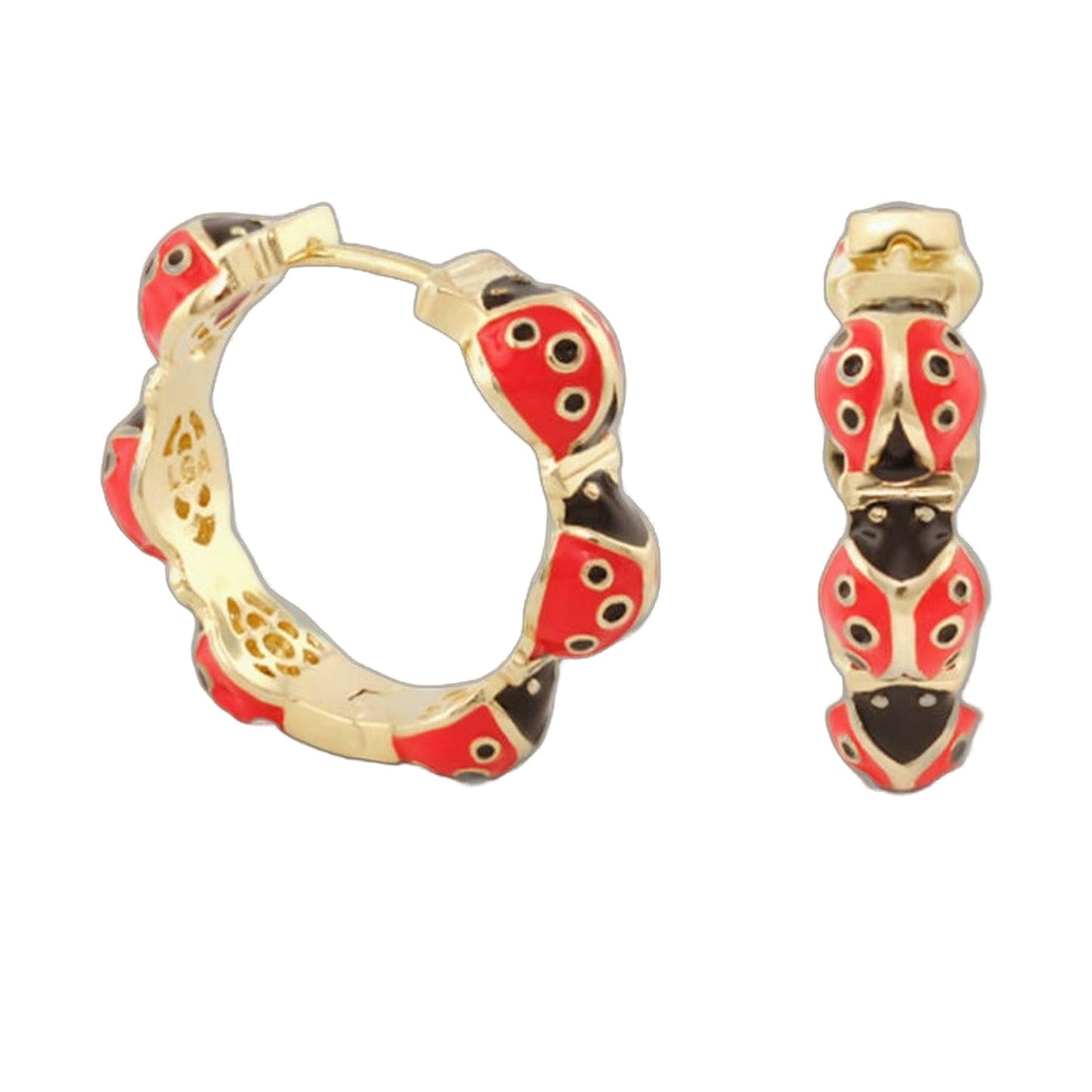 Pair of Lady Poof Earrings by Lauren G Adams; gold-tone hoops with red enamel ladybug charms on Tampa Home & Garden Store