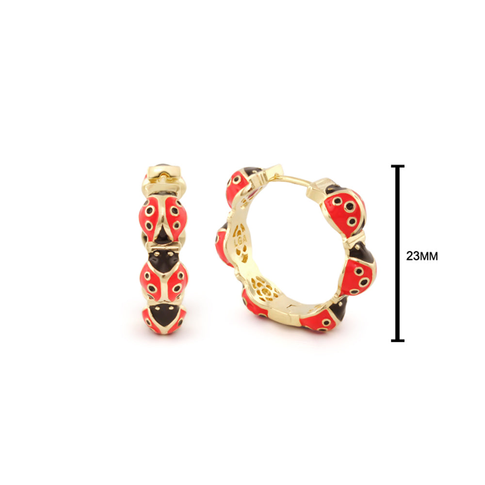 Pair of Lady Poof Earrings by Lauren G Adams, gold hoops with red and black ladybug charms 23mm on Tampa Home & Garden Store