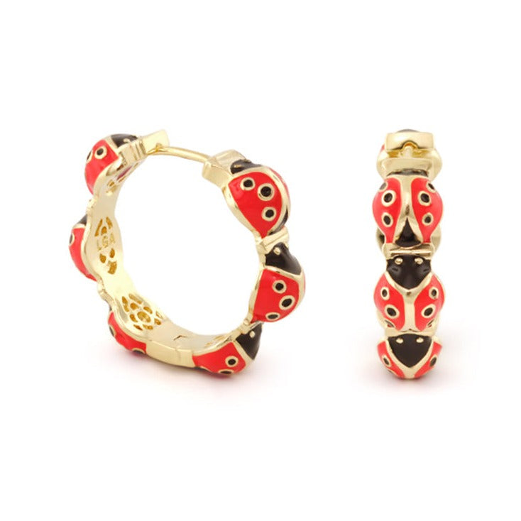 Lady Poof Earrings gold-tone hoops with red and black ladybug design by Lauren G Adams on Tampa Home & Garden Store