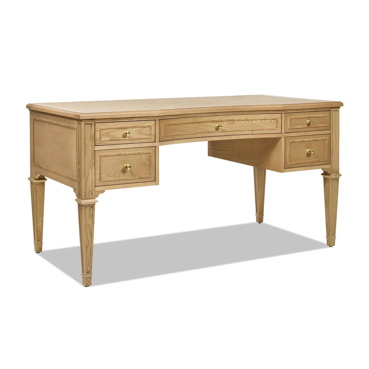 Dauphin 5-drawer executive desk in natural rubberwood with brass knob pulls on Tampa Home & Garden Store