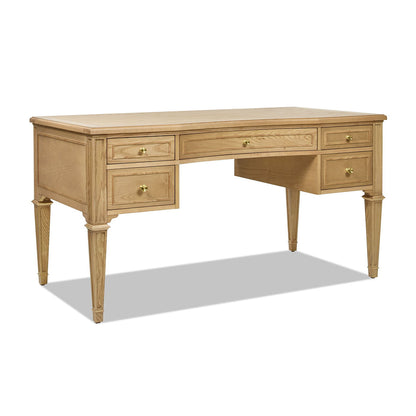 Dauphin 5-drawer executive desk in natural rubberwood with brass knob pulls on Tampa Home & Garden Store