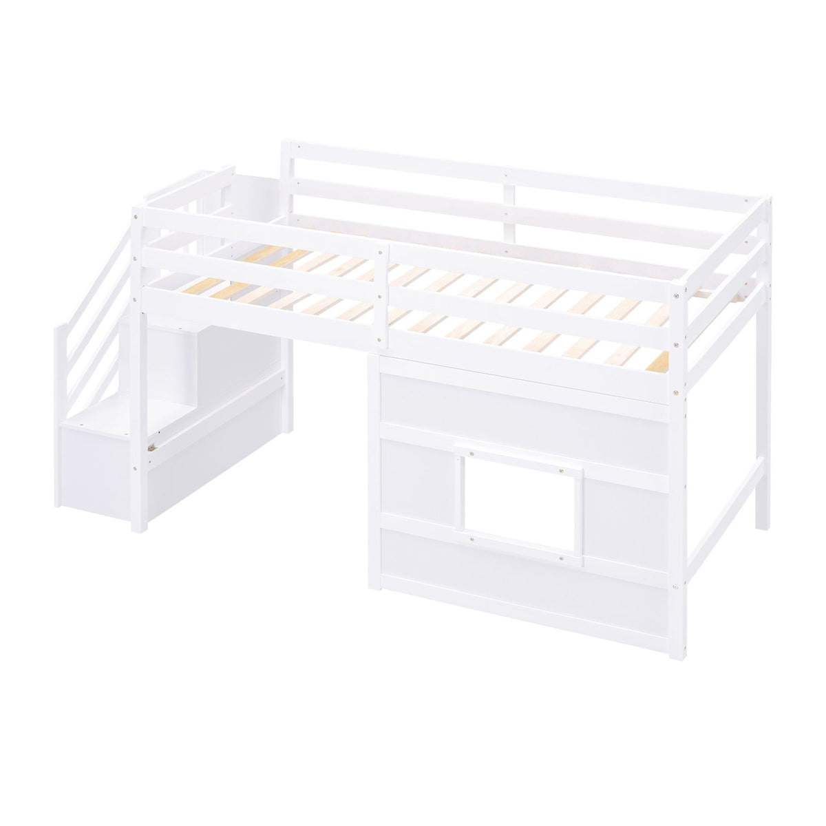 White loft bed with built in storage staircase and guard rails on Tampa Home & Garden Store
