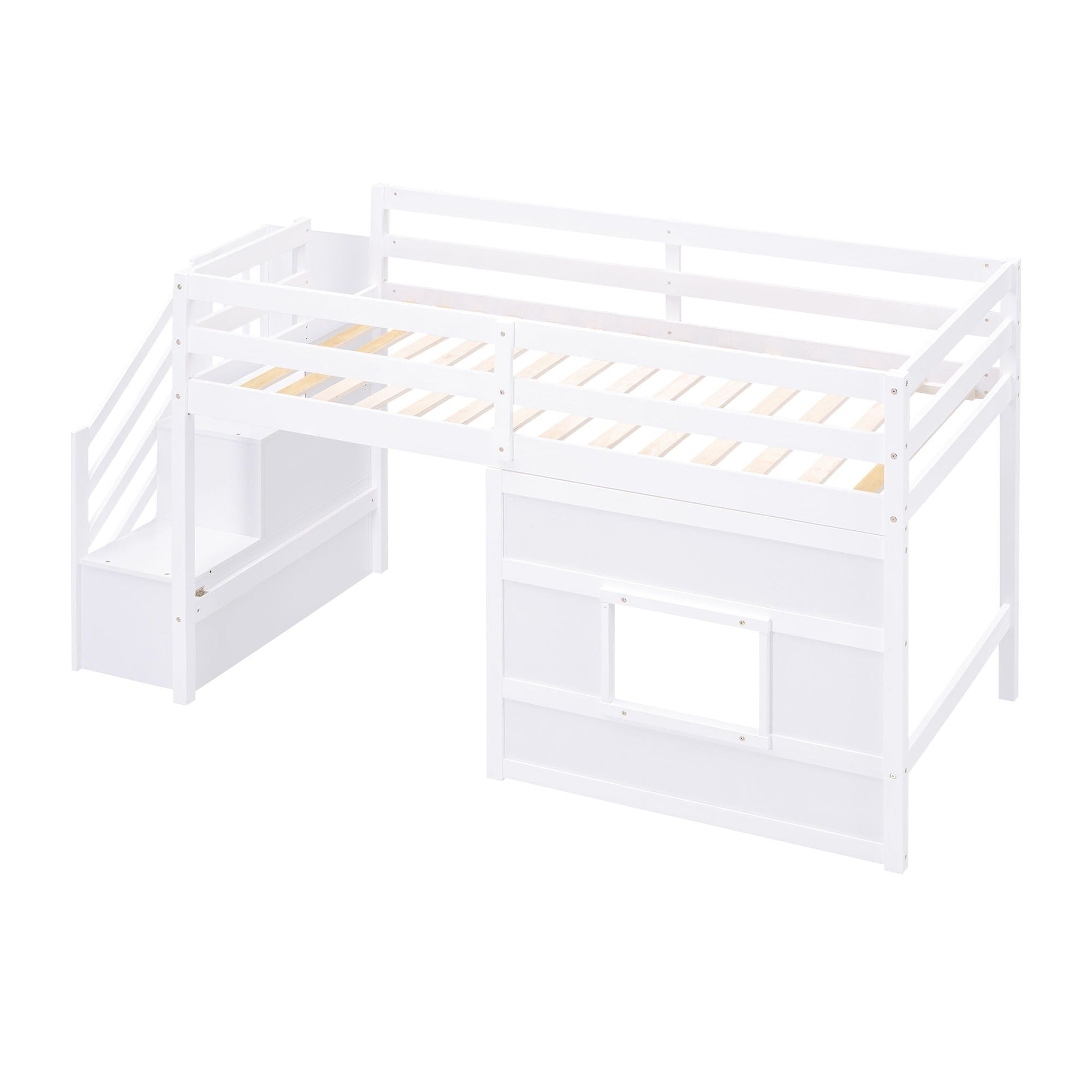 White loft bed with built in storage staircase and guard rails on Tampa Home & Garden Store