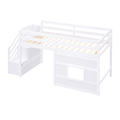 White loft bed with built in storage staircase and guard rails on Tampa Home & Garden Store