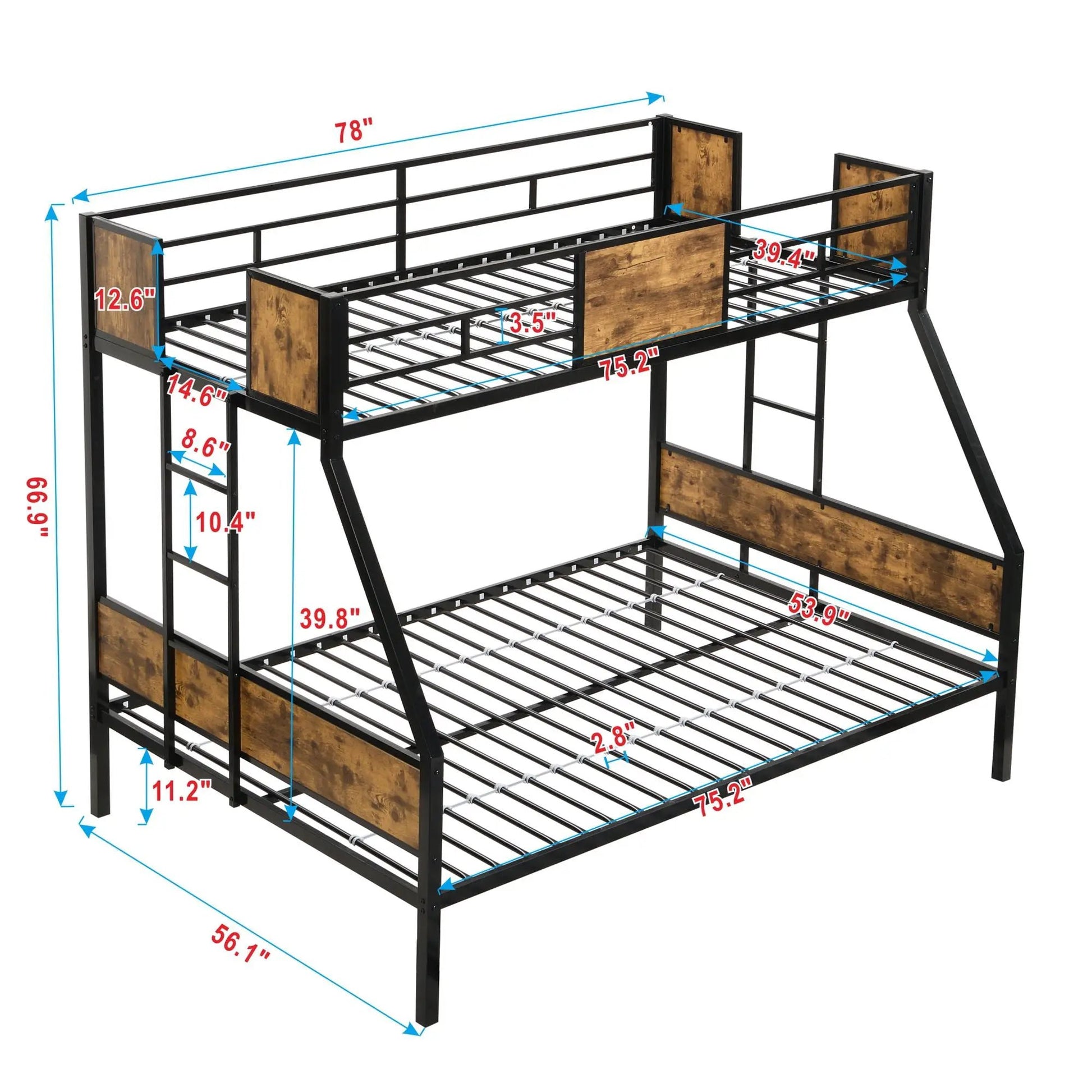 Modern Metal Bunk Bed With Side Ladders And Guardrail, black frame with wood panels on Tampa Home & Garden Store