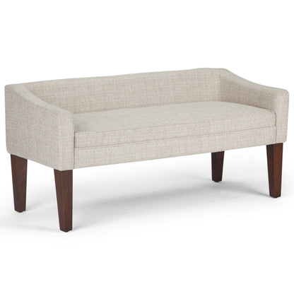 Parris Upholstered Bench Platinum with beige linen like fabric and dark wood legs on Tampa Home & Garden Store