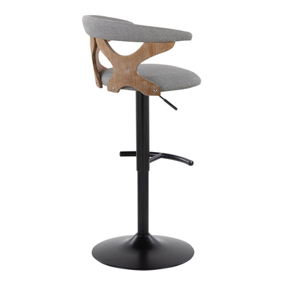 Contemporary adjustable barstool with swivel, gray upholstered seat and curved wood frame on Tampa Home & Garden Store