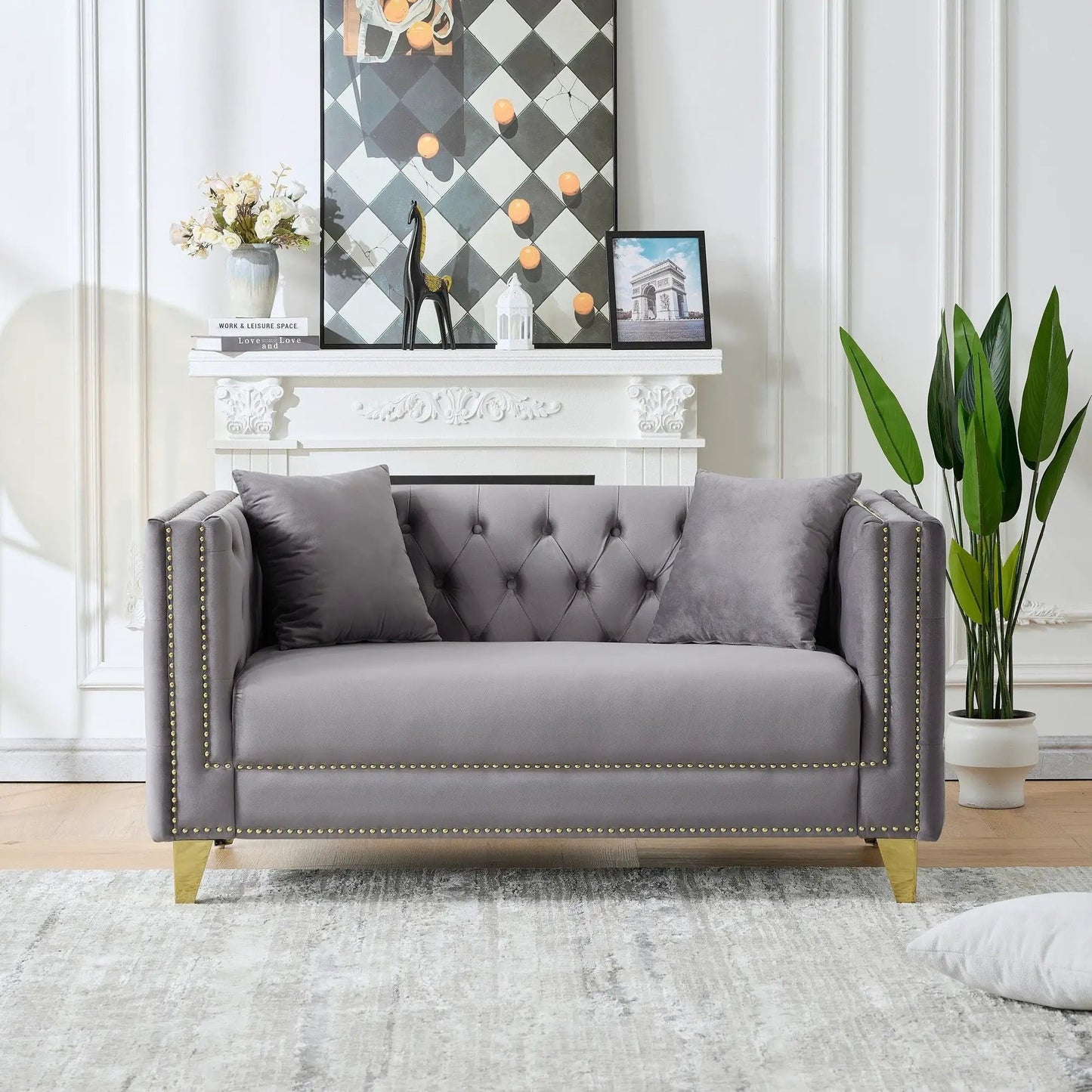 2-Seater Deep Seat Sofa with Button Nailhead Square Arm gray upholstery Unique Piece Furniture on Tampa Home & Garden Store