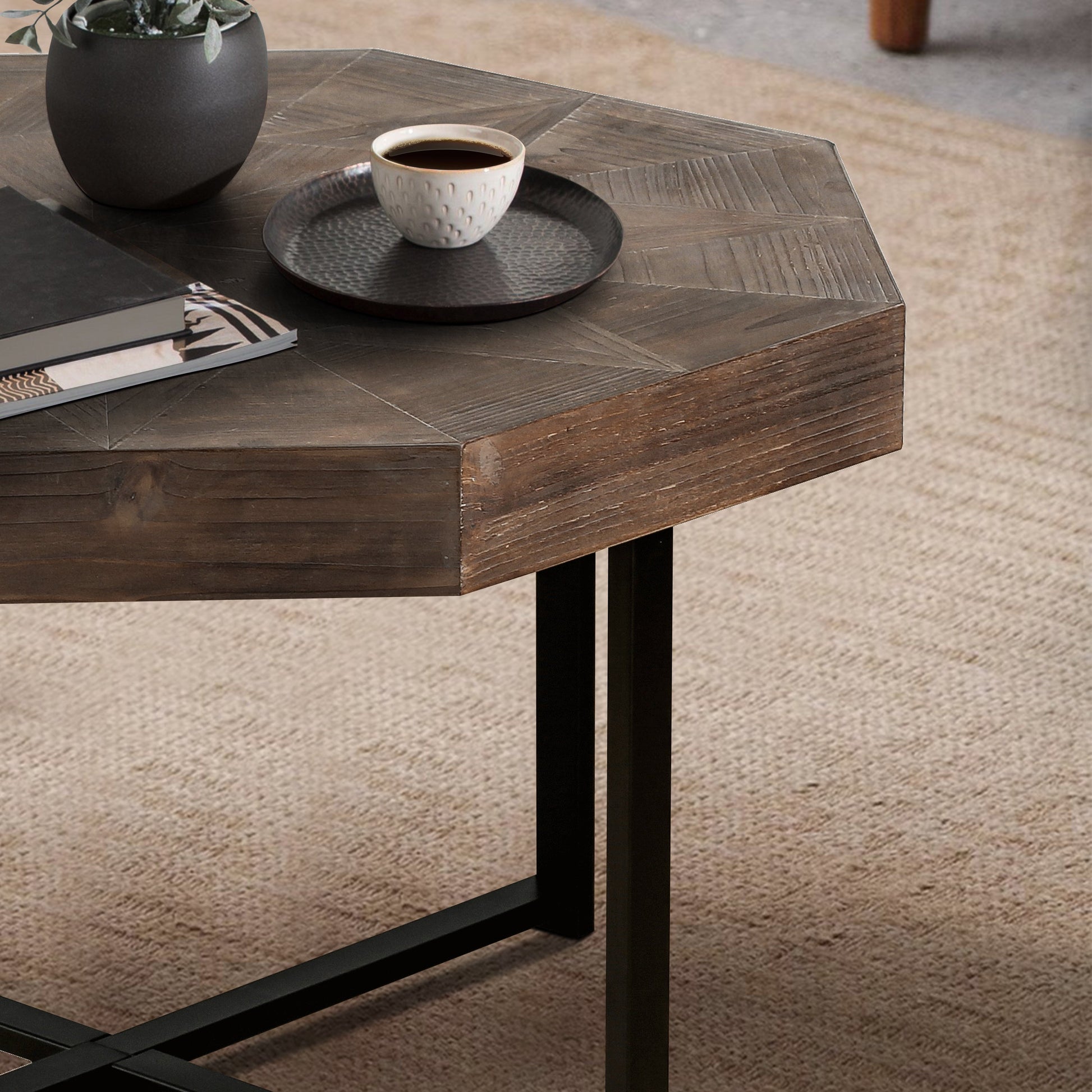Wood Octagonal Vintage Patchwork Coffee Table with dark wood finish on Tampa Home & Garden Store