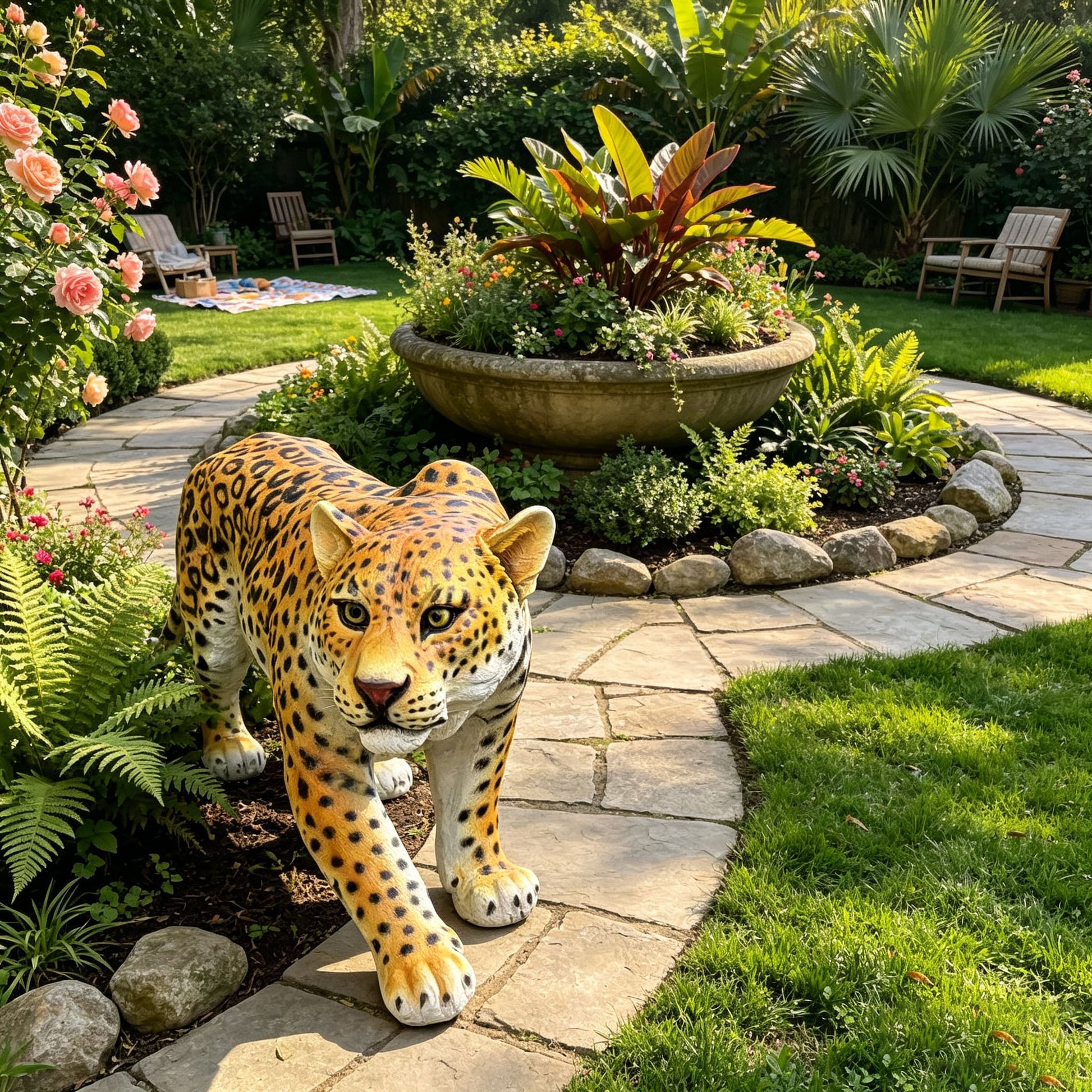 Realistic leopard garden statue, 32in resin cheetah sculpture in a sunny yard on Tampa Home & Garden Store