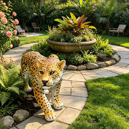 Realistic leopard garden statue, 32in resin cheetah sculpture in a sunny yard on Tampa Home & Garden Store