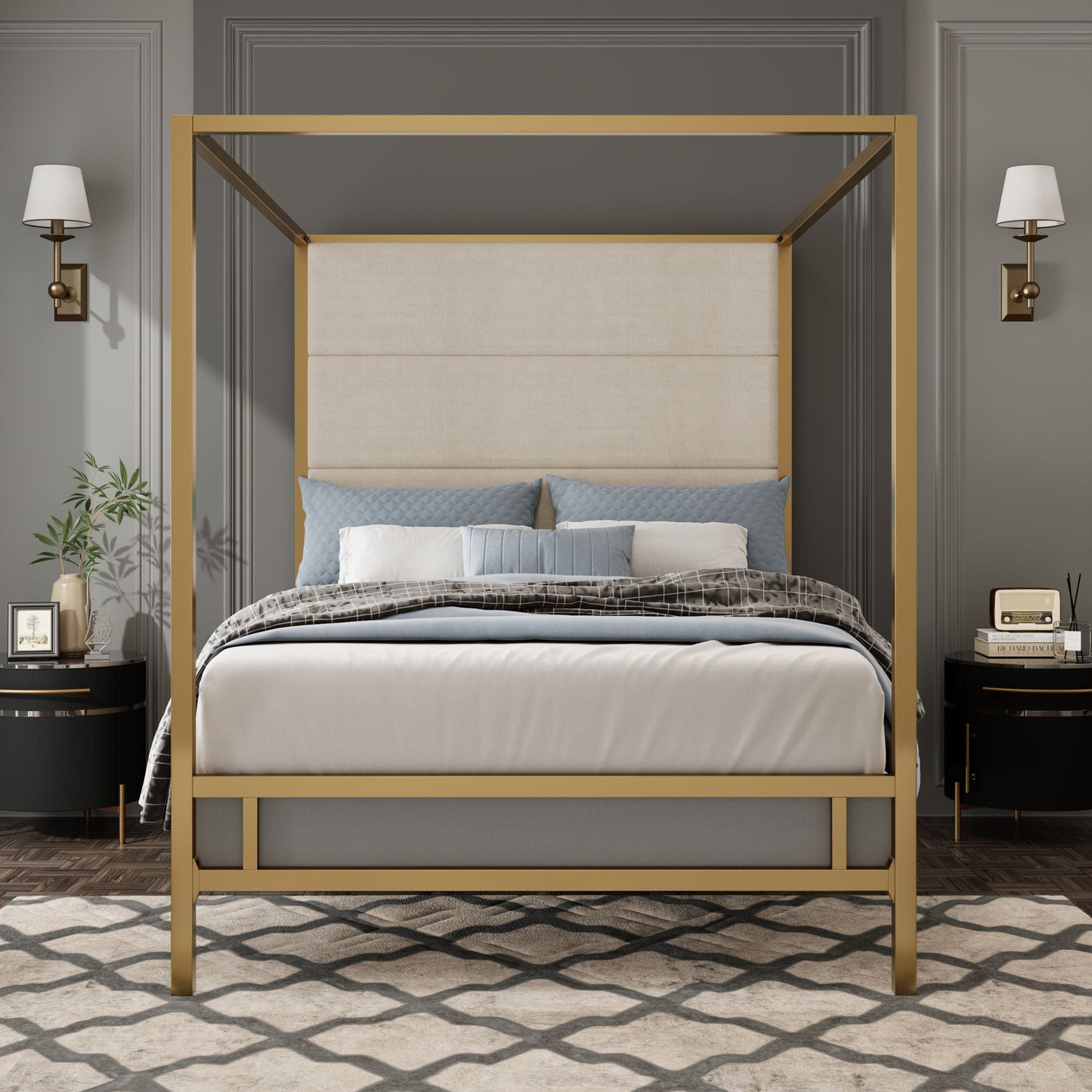 HouseOfZazla canopy bed with tall beige upholstered headboard and gold four-poster frame on Tampa Home & Garden Store