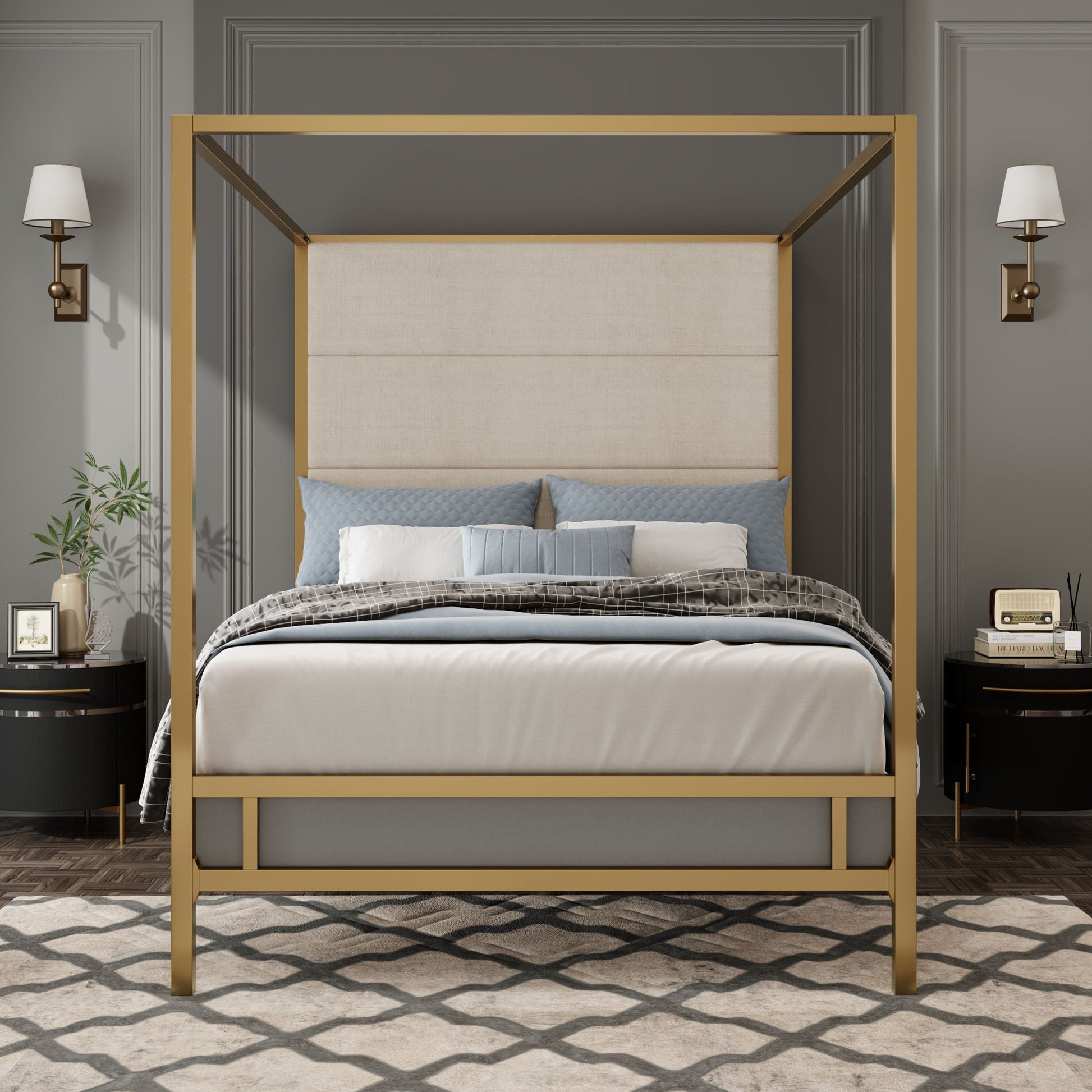 HouseOfZazla canopy bed with tall beige upholstered headboard and gold four-poster frame on Tampa Home & Garden Store