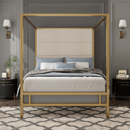 HouseOfZazla canopy bed with tall beige upholstered headboard and gold four-poster frame on Tampa Home & Garden Store