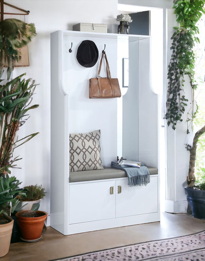 Buck II High Gloss Hall Tree White with coat hooks and cushioned bench by HouseOfZazla on Tampa Home & Garden Store