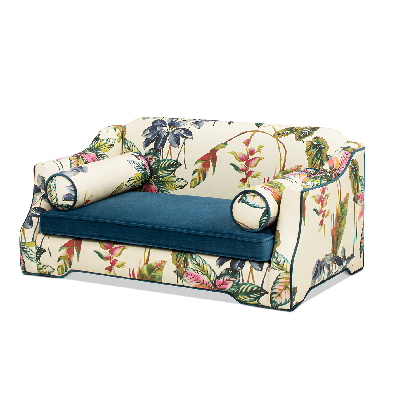Paloma 35.5in Dog Sofa Bed, Medium with tropical cream print and teal cushions by HouseOfZazla on Tampa Home & Garden Store