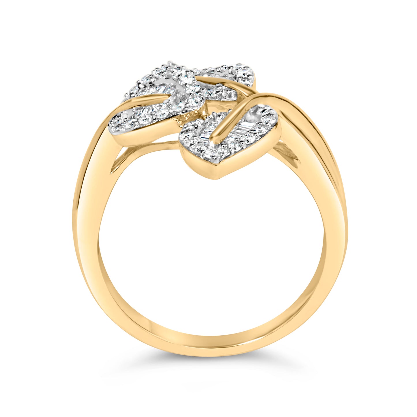 Ring with diamond baguette and round stones in 18K gold plated sterling silver, leaf bypass, size 7 on Tampa Home & Garden Store