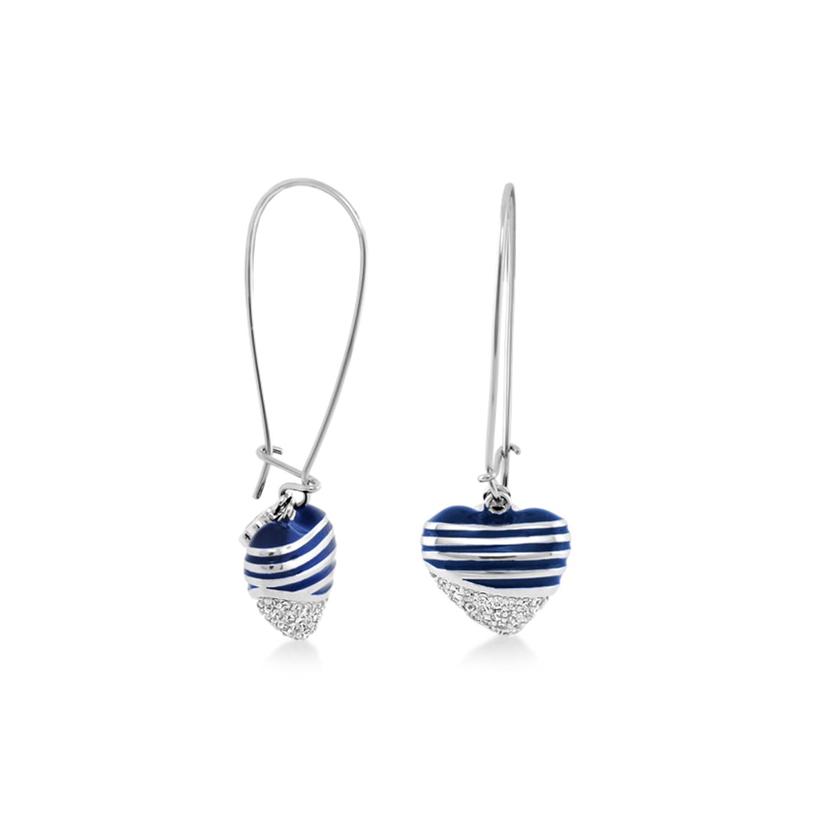 Sweetheart Earrings by Lauren G Adams, blue striped heart charms with crystal-studded bases, silver hooks on Tampa Home & Garden Store