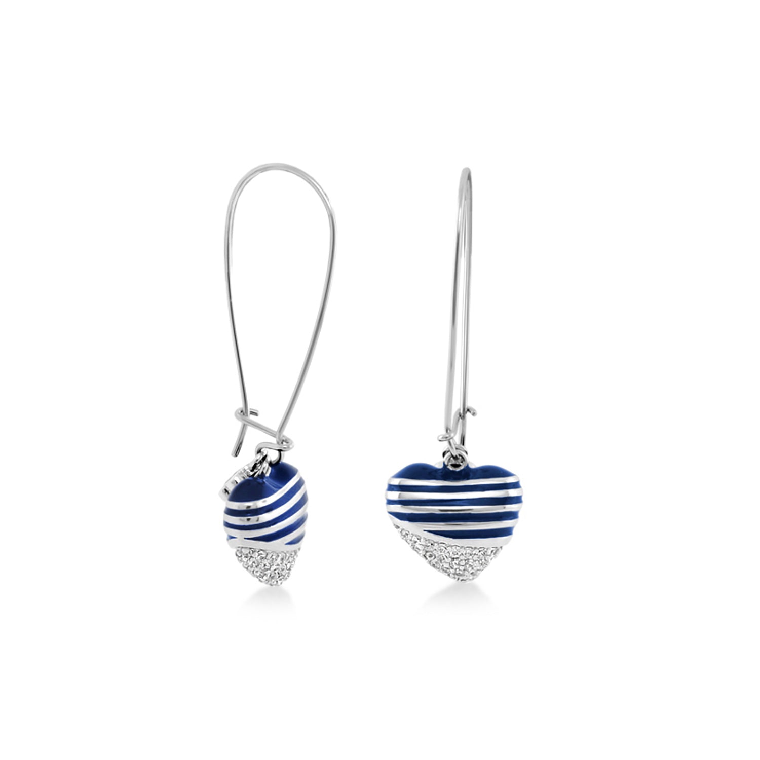 Sweetheart Earrings by Lauren G Adams, blue striped heart charms with crystal-studded bases, silver hooks on Tampa Home & Garden Store