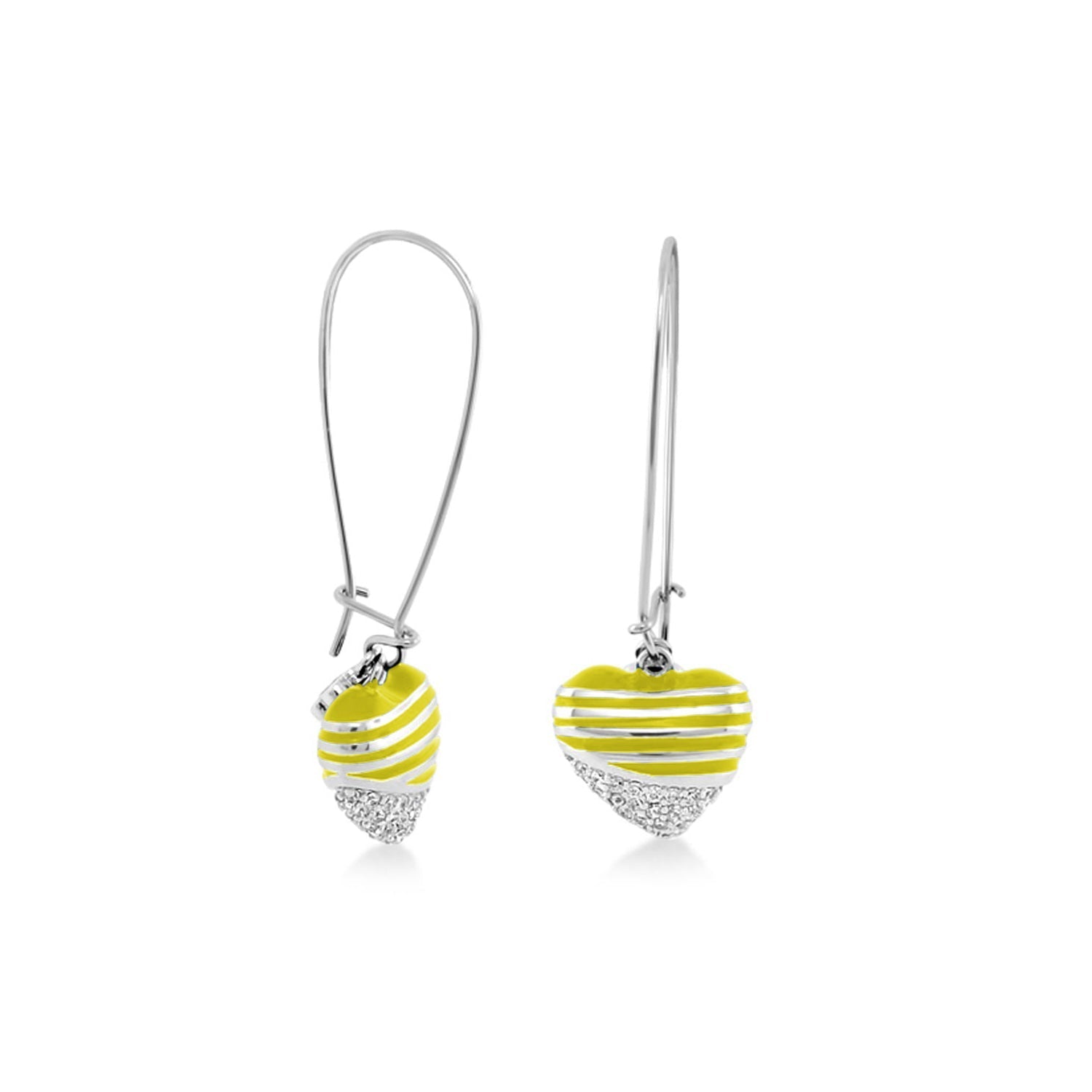 Sweetheart earrings pair by Lauren G Adams, yellow striped hearts with crystal on hooks on Tampa Home & Garden Store