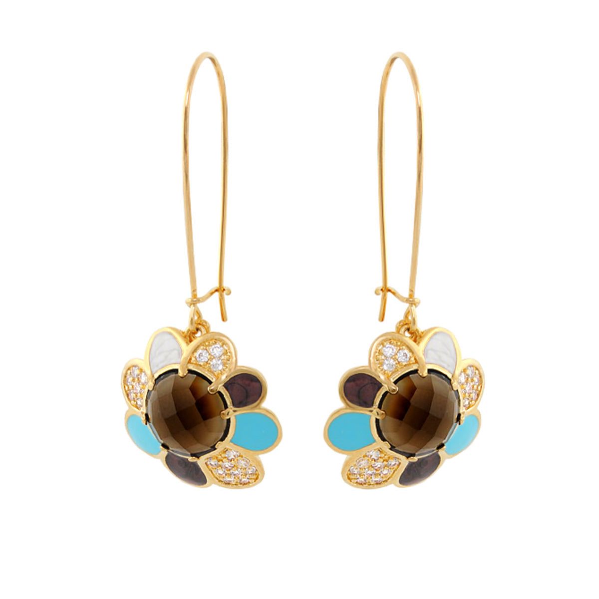 Field of Flowers Earrings by Lauren G Adams, gold-tone floral drops with brown center and blue petals on Tampa Home & Garden Store