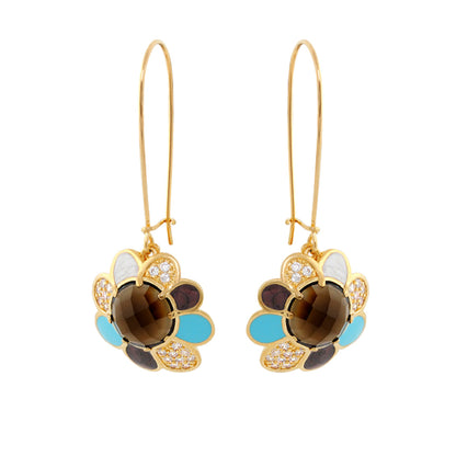 Field of Flowers Earrings by Lauren G Adams, gold-tone floral drops with brown center and blue petals on Tampa Home & Garden Store