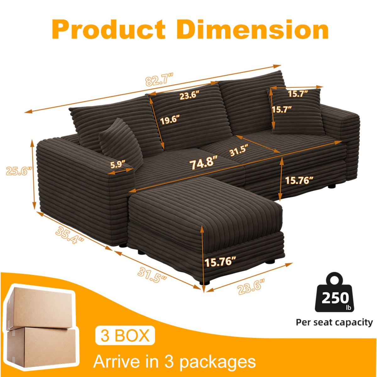Deep Seat Sofa Bed With Ottoman and Soft Pillows