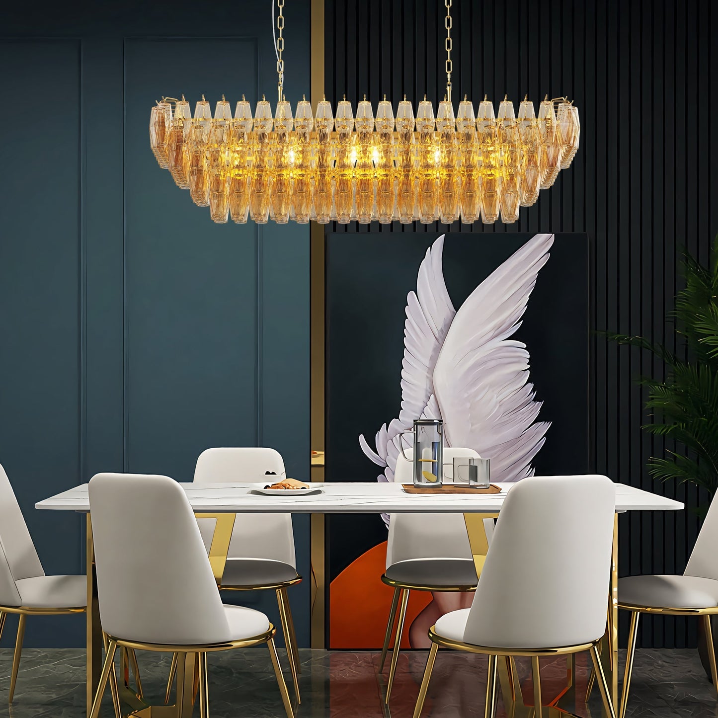 Modern rectangular gold crystal chandelier for dining room over table, 54in long on Tampa Home & Garden Store