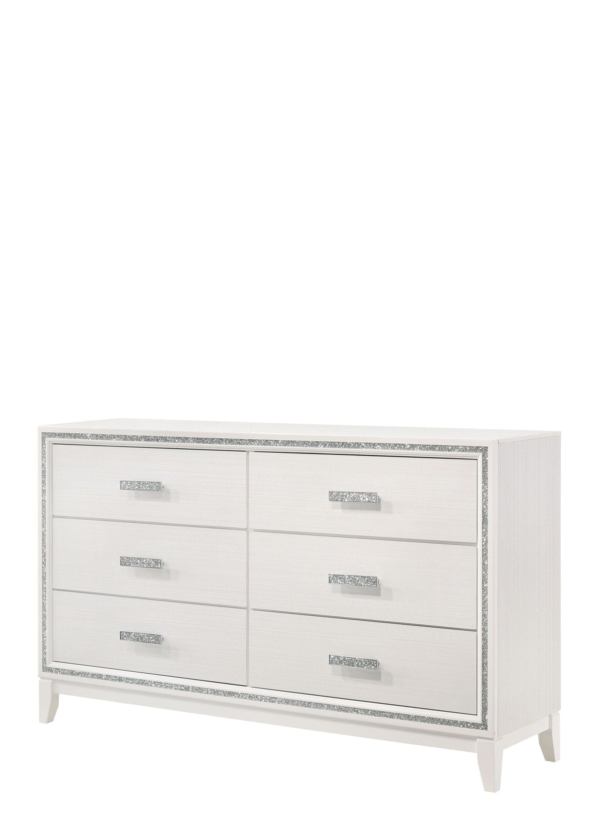 Haiden dresser six-drawer white finish with glitter trim and tapered legs on Tampa Home & Garden Store