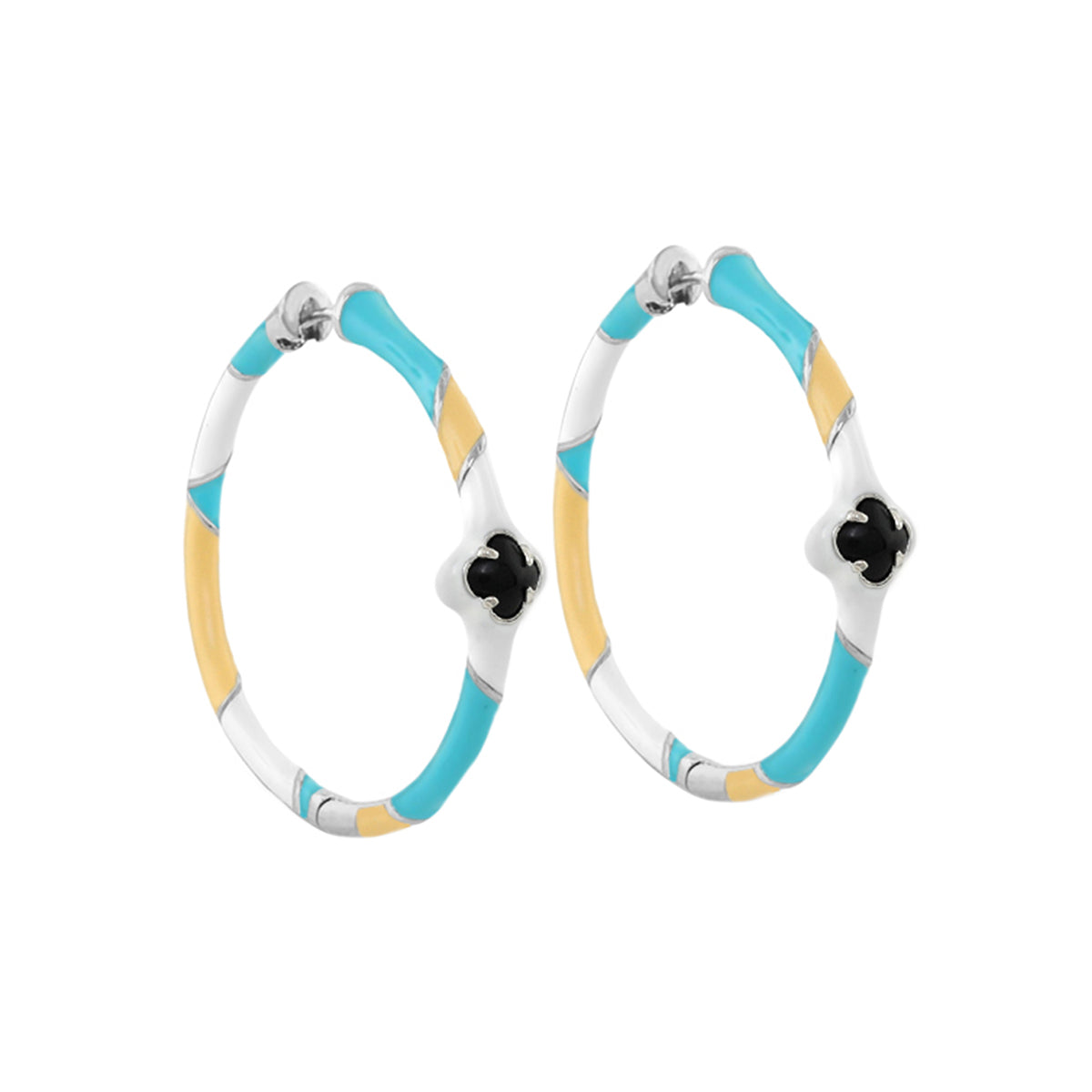 Clover and Clover Again enamel hoop earrings teal and yellow with black clover accent on Tampa Home & Garden Store