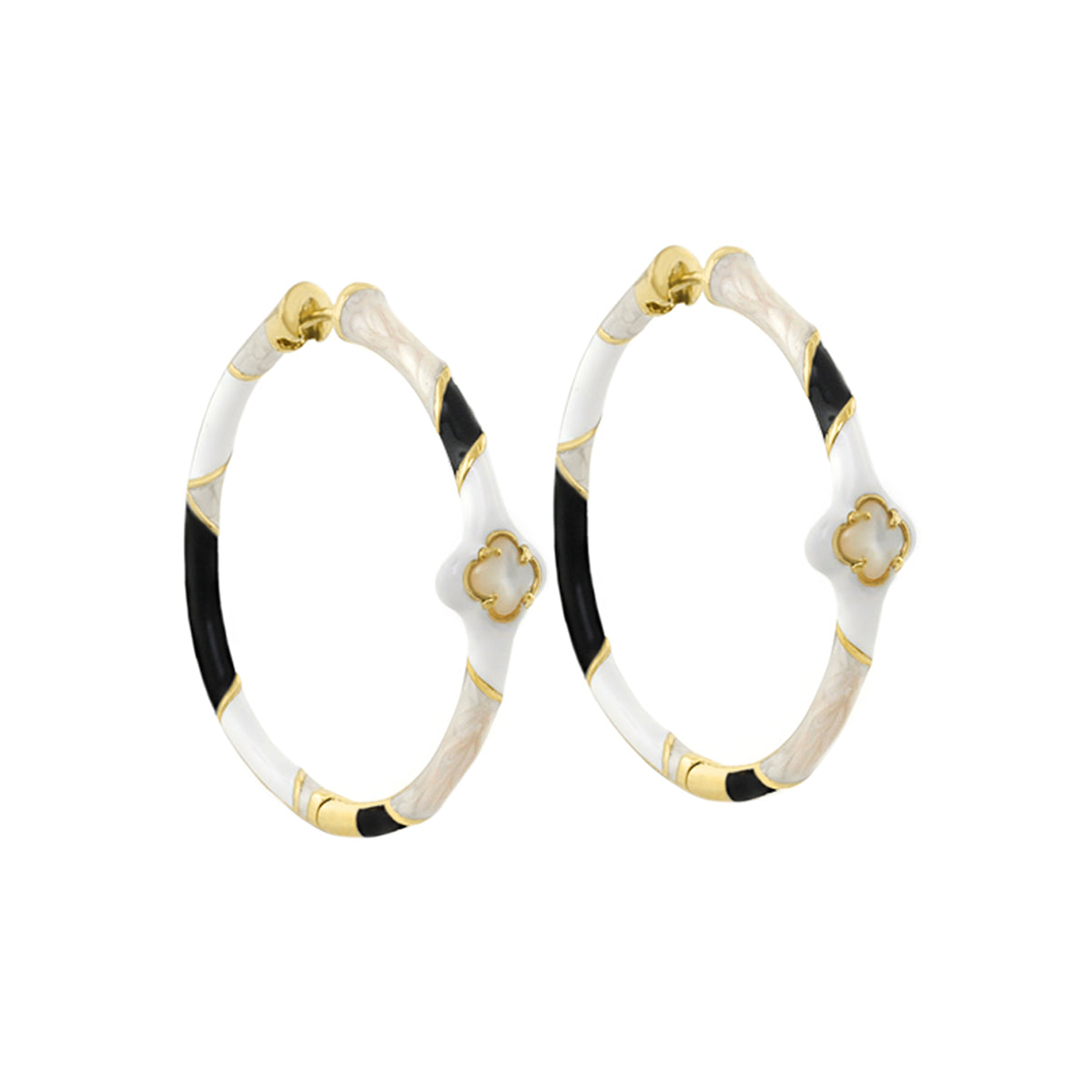 Clover and Clover Again enamel hoop earrings by Lauren G Adams, black white beige with gold trim on Tampa Home & Garden Store