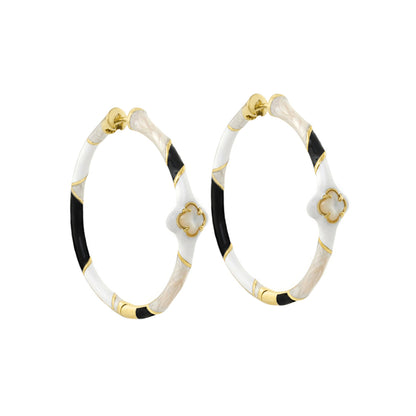 Clover and Clover Again enamel hoop earrings by Lauren G Adams, black white beige with gold trim on Tampa Home & Garden Store